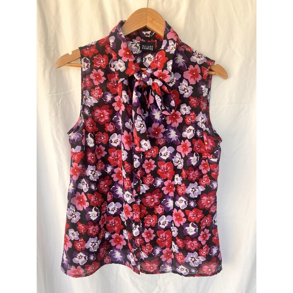 VTG Hillard & Hanson Sleeveless Floral Blouse Size Large Tie Neck Retro Garden